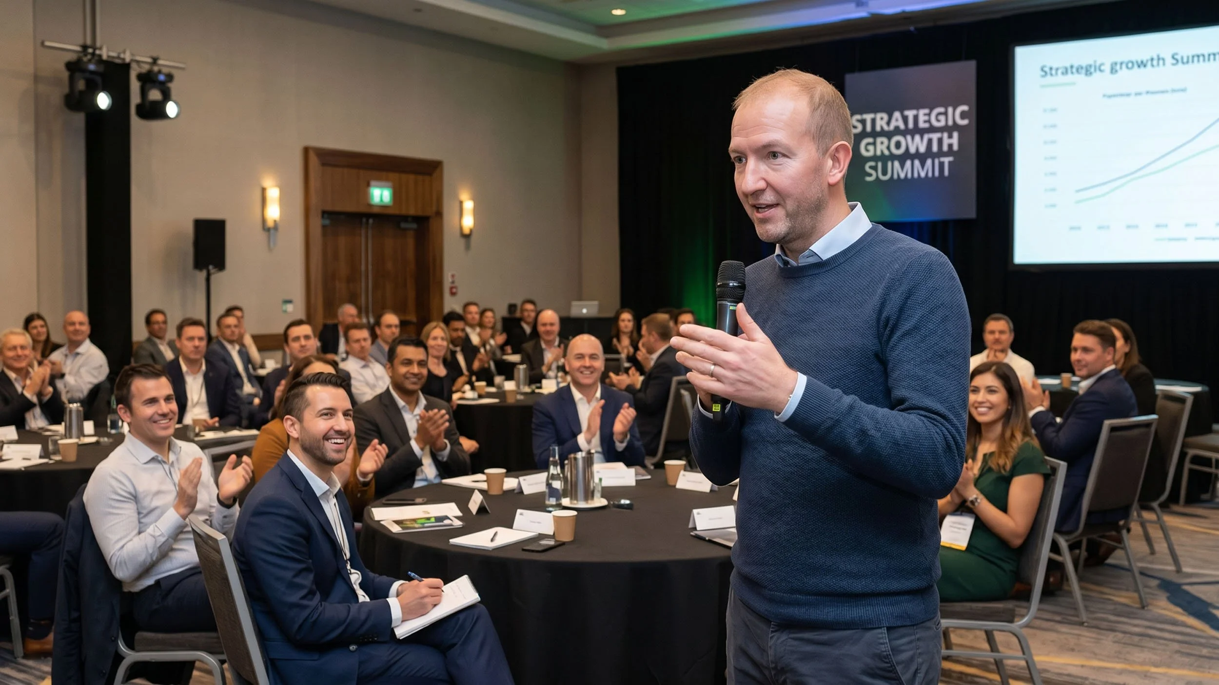 En mann holder en mikrofon og snakker foran et publikum av forretningsfolk som sitter ved runde bord under en konferanse kalt "Strategic Growth Summit".