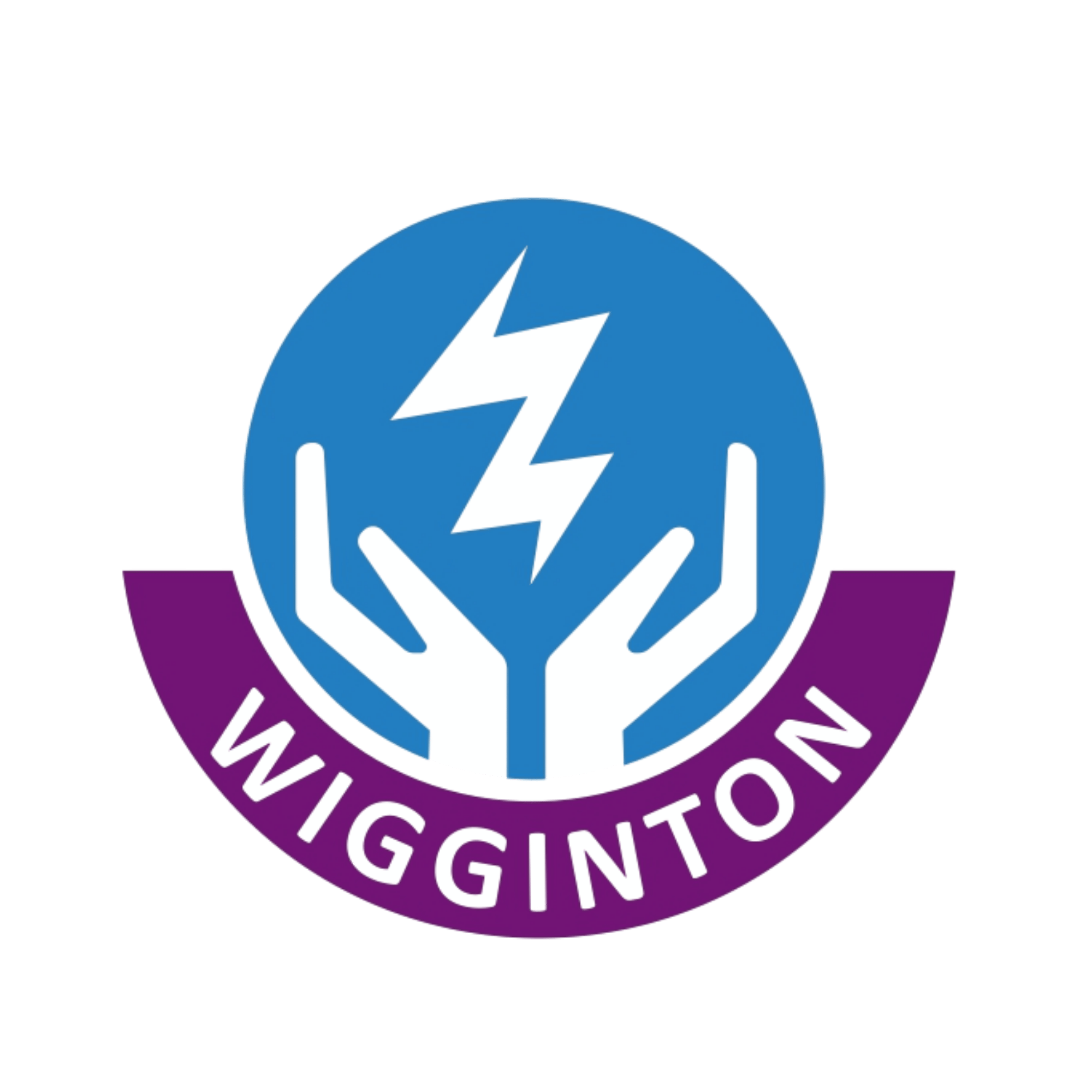 A circular logo with a blue background and a white lightning bolt in the center. The logo is surrounded by a purple ring with white text that reads "Wiggington."