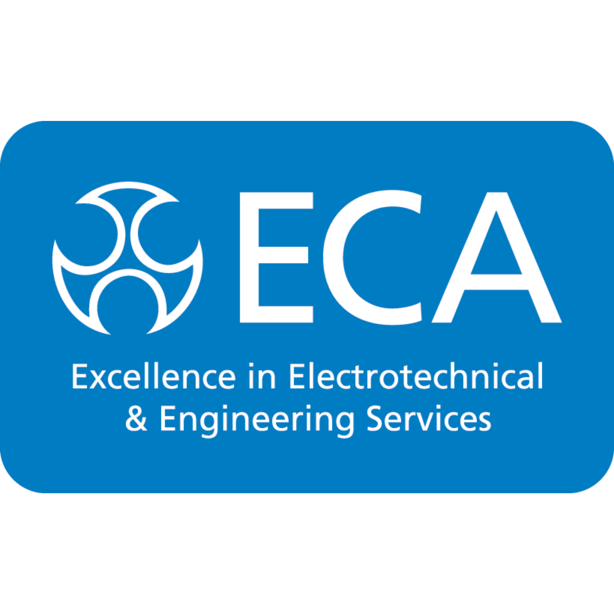 Logo for the Electronics and Electrical Engineering service featuring a blue background, white interconnected circles, and text that reads 'ECA' with the full name 'Excellence in Electrotechnical & Engineering Services'.