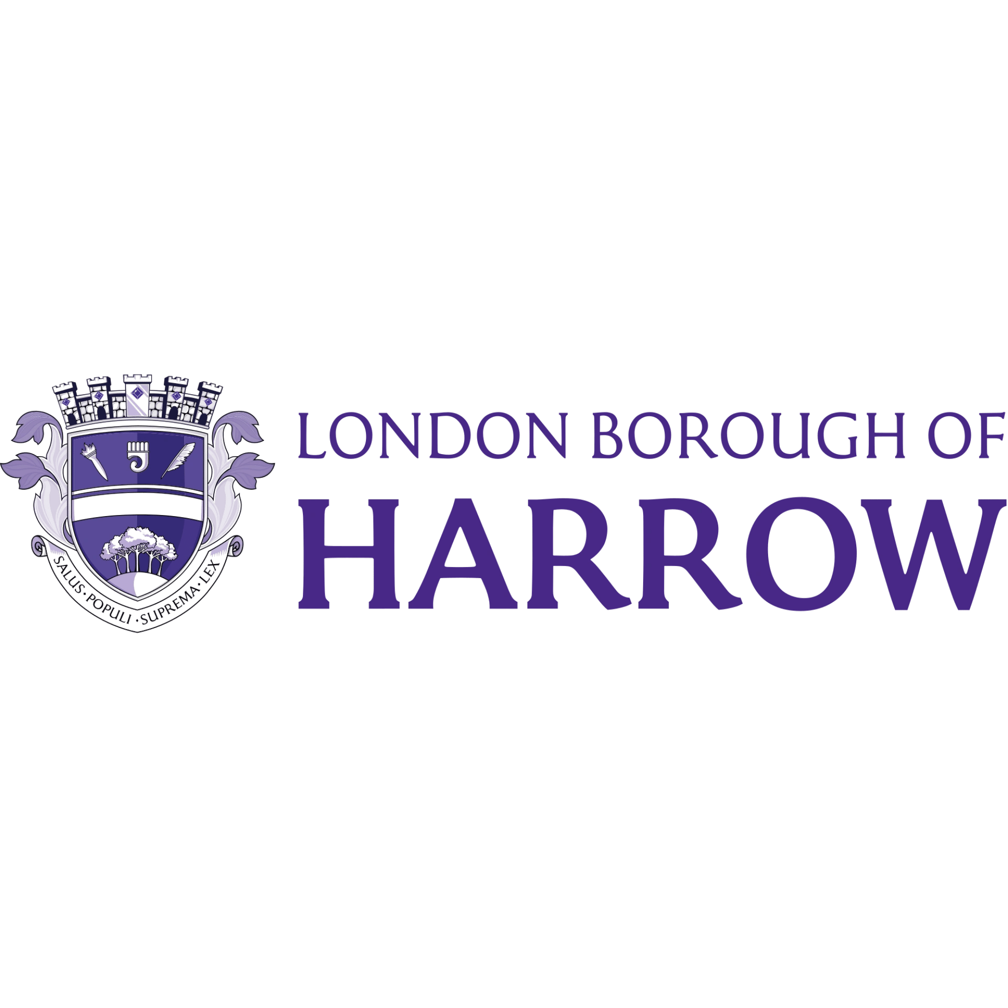 A logo for the London Borough of Harrow with text and a royal crest