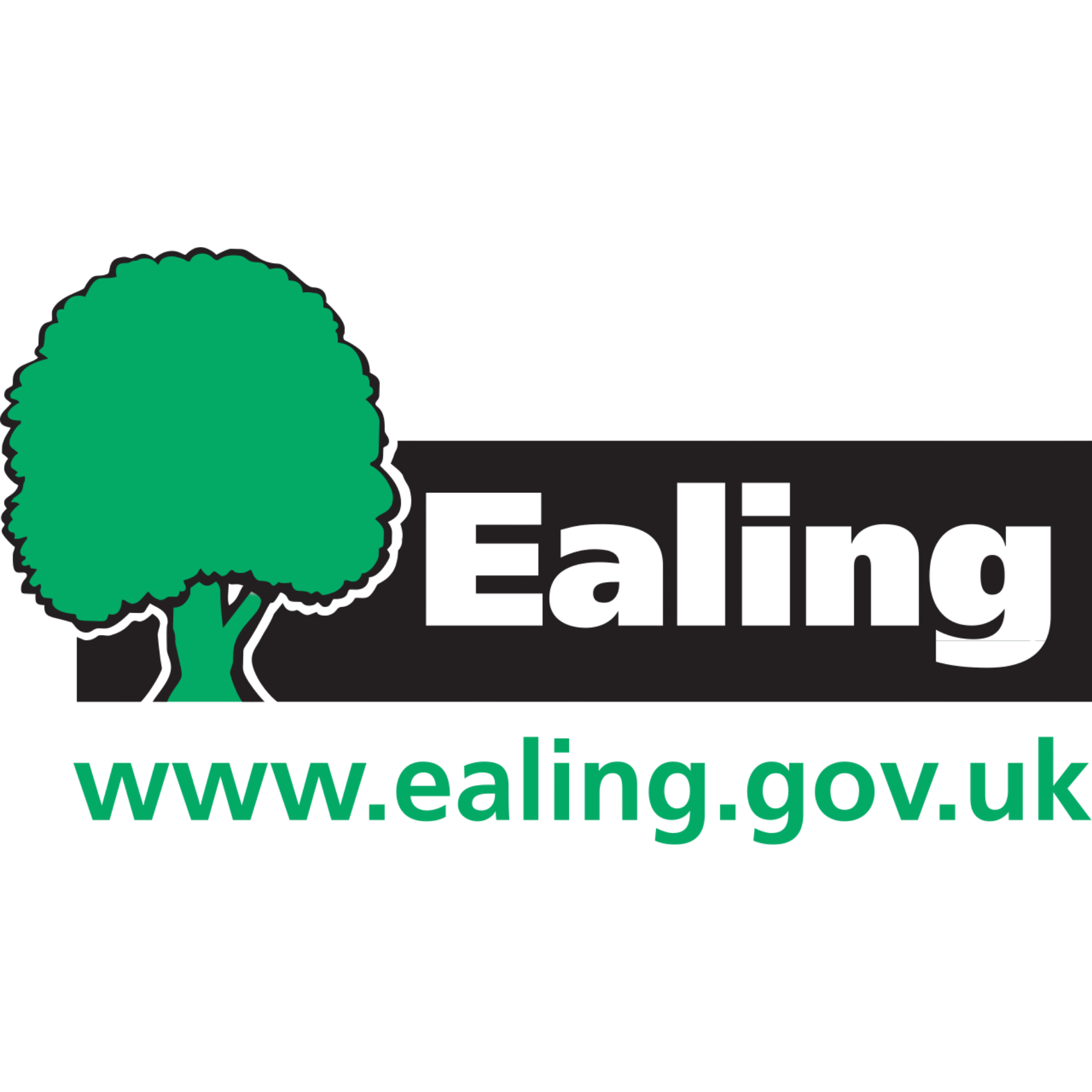 Logo for Ealing council with a green tree and green text that says www.ealing.gov.uk.