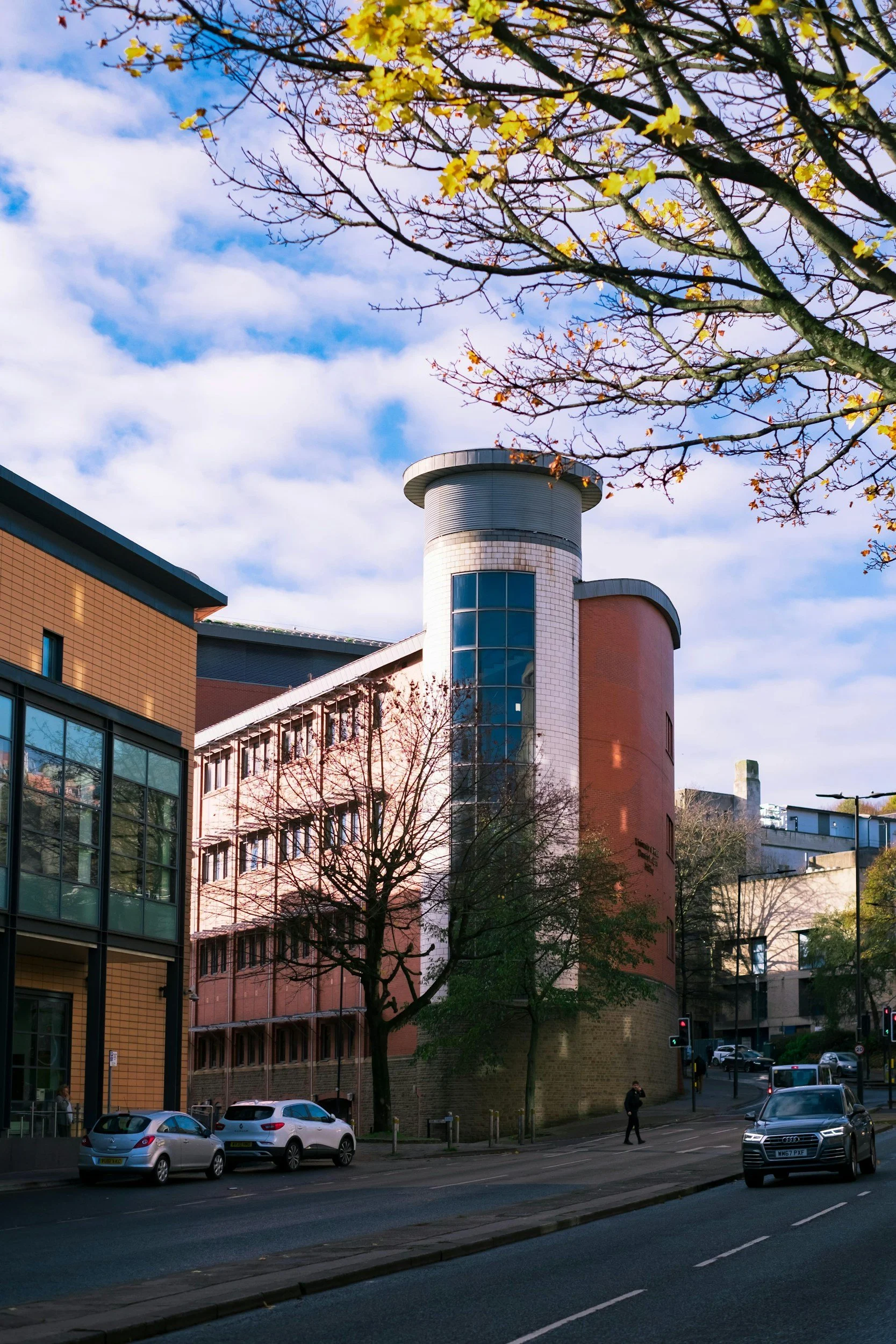 City street scene with parked cars, pedestrians, modern buildings, and a tree with yellow leaves against a partly cloudy sky.