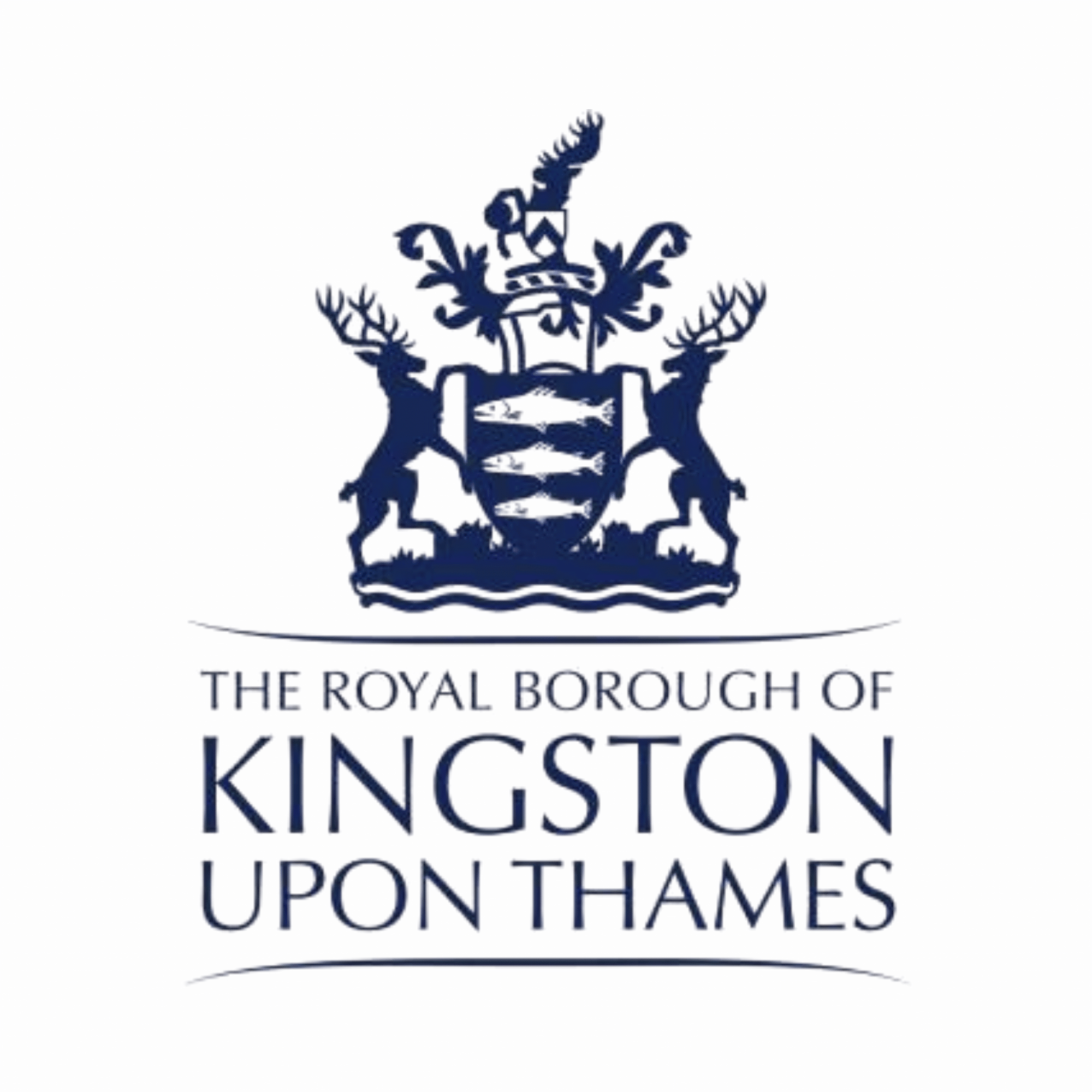 The logo of The Royal Borough of Kingston Upon Thames, featuring an emblem and text in blue.