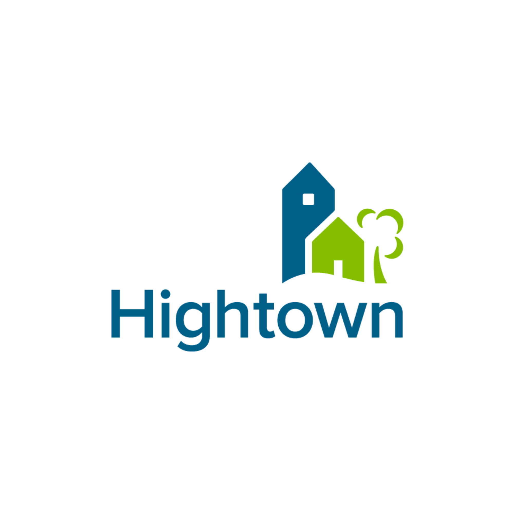 Logo with blue and green house shapes and the text 'Hightown'