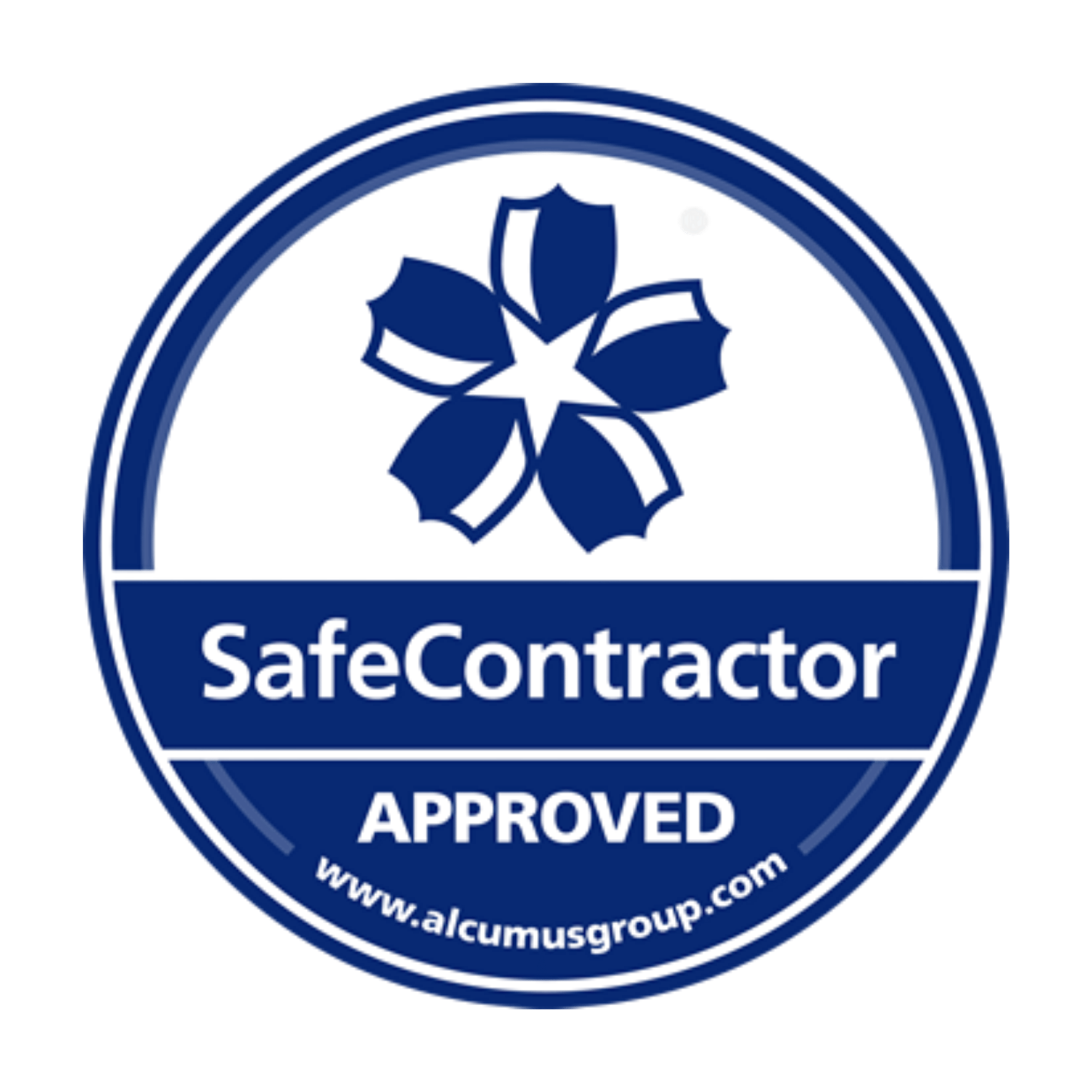 The SafeContractor logo consisting of a circle with a checkmark and a building icon, with text indicating approval and website URL.