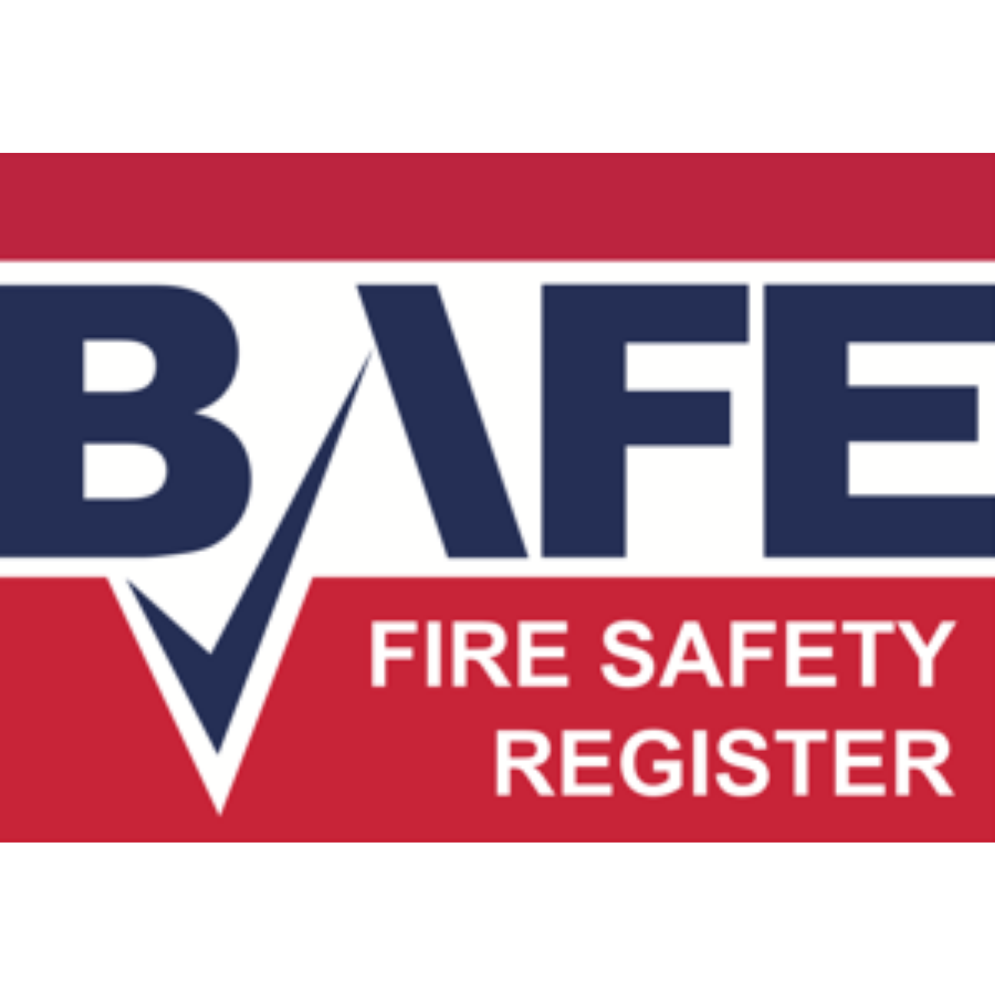Fire safety registration badge with red, white, and blue colors, featuring a checkmark and text 'Fire Safety Register'.