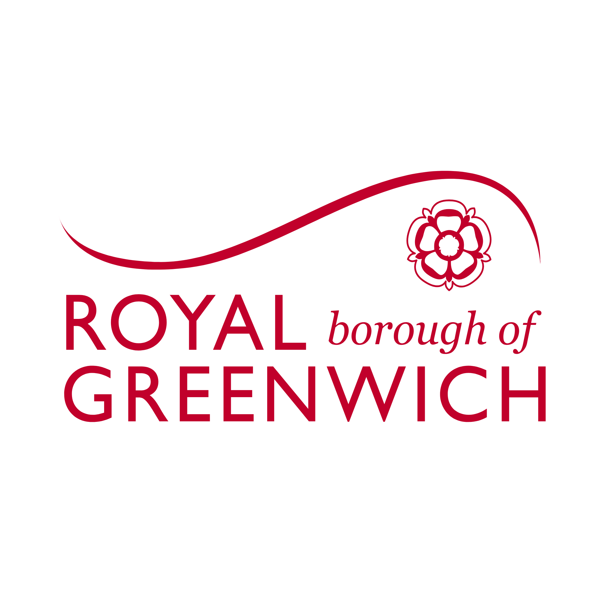 Text reading 'Royal Borough of Greenwich' with a red floral emblem and a red curved line.