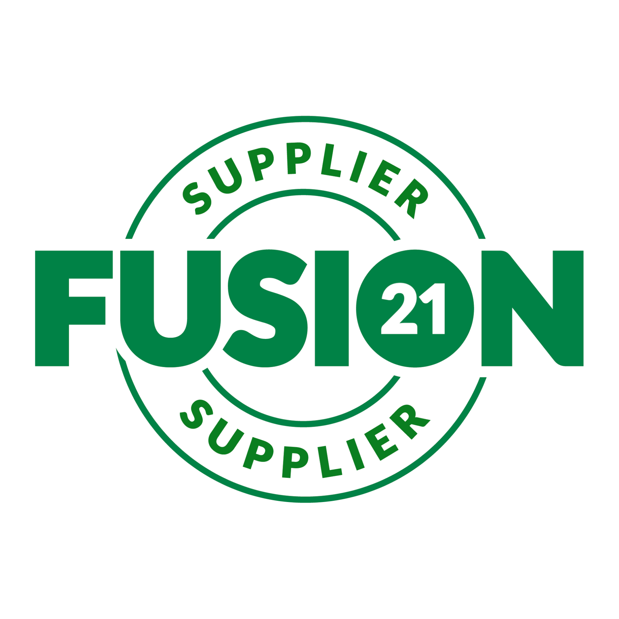 Green circular stamp with the text 'Supplier' at the top and 'FUSION 21' in large letters across the middle, on a black background.