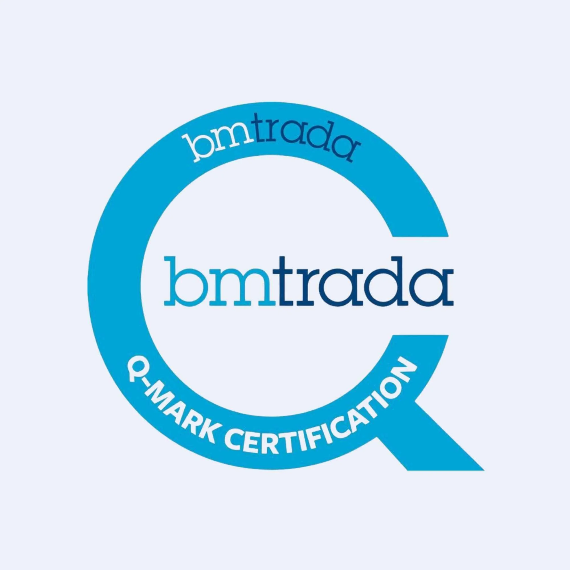 A blue circular badge with the words "bmi trada". The badge also contains the words "Q Mark certification" in a circular arrangement.