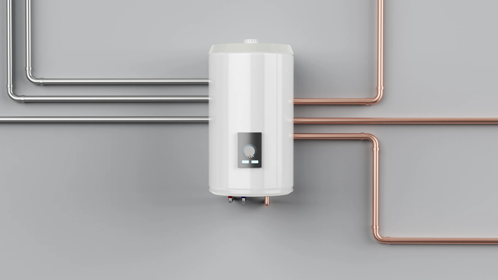 White water heater mounted on a grey wall with metallic and copper pipes.