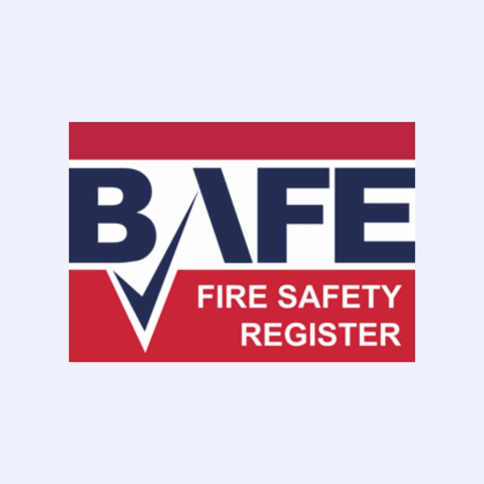 A sign with a red, white, and dark blue colour scheme that reads 'FIRE SAFETY REGISTER'