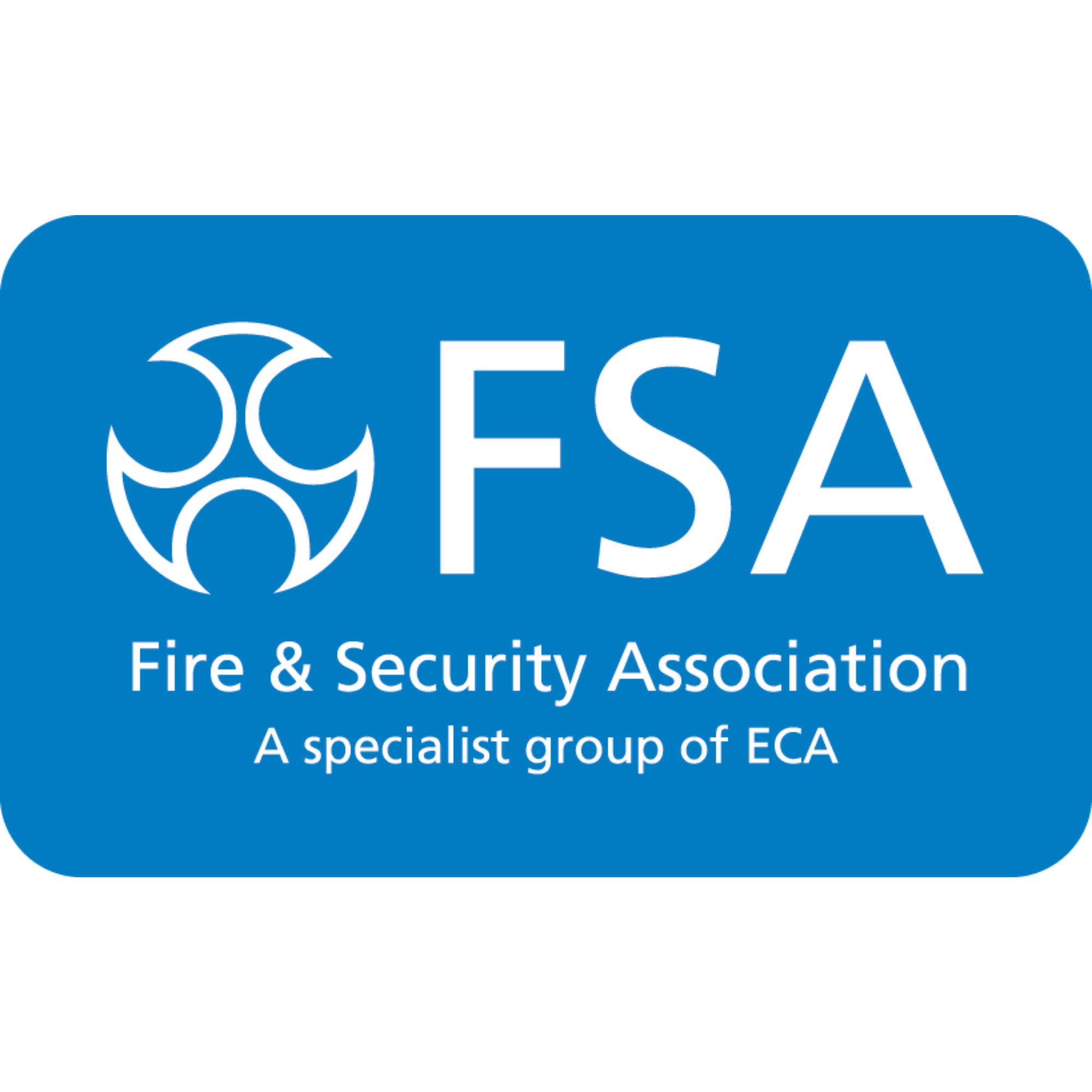 Logo of the Fire & Security Association with a blue background, white stylised wave symbol, and white text.