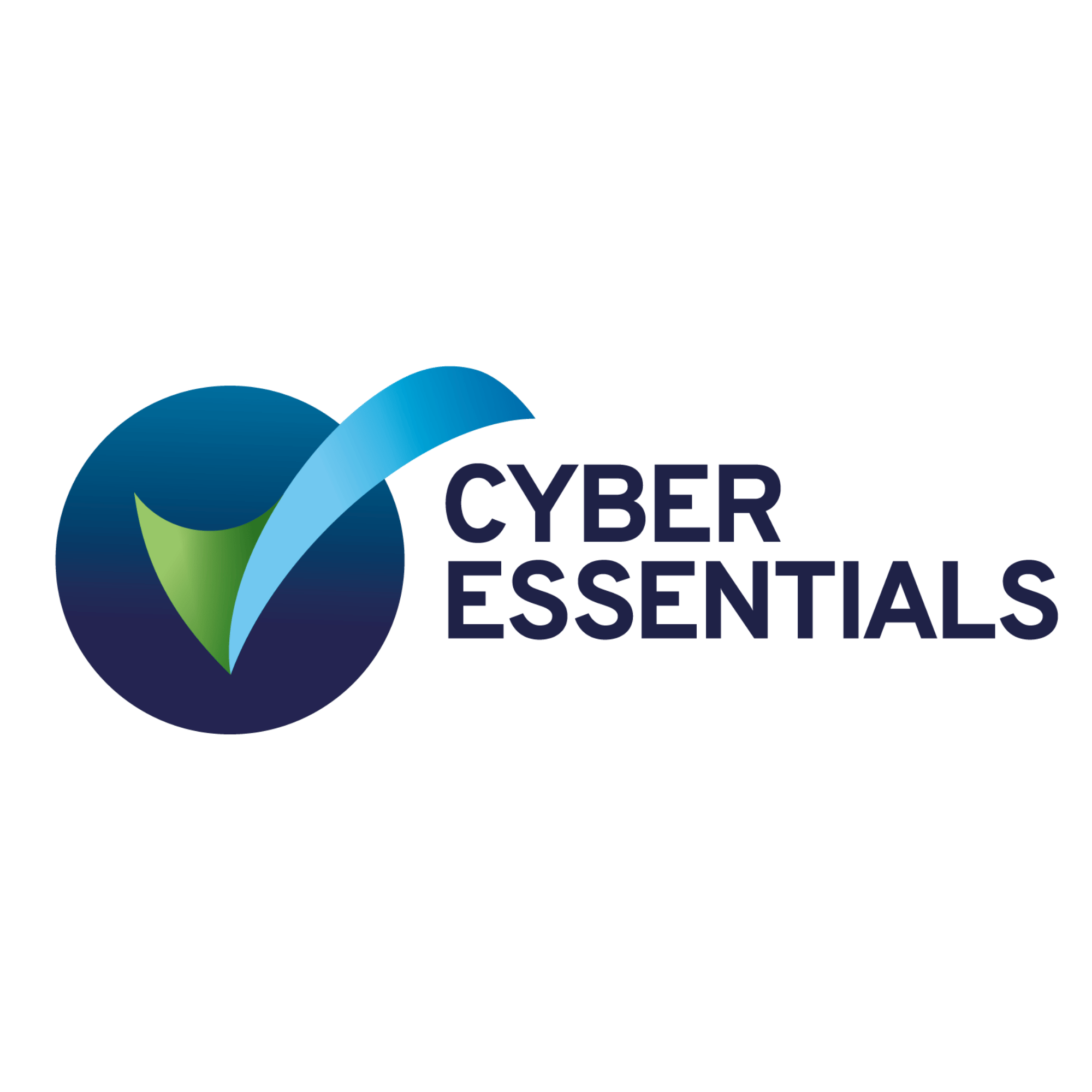 Cyber Essentials logo with a circular design made of blue, green, and turquoise arrows, and the words 'Cyber Essentials' in bold, dark blue letters.