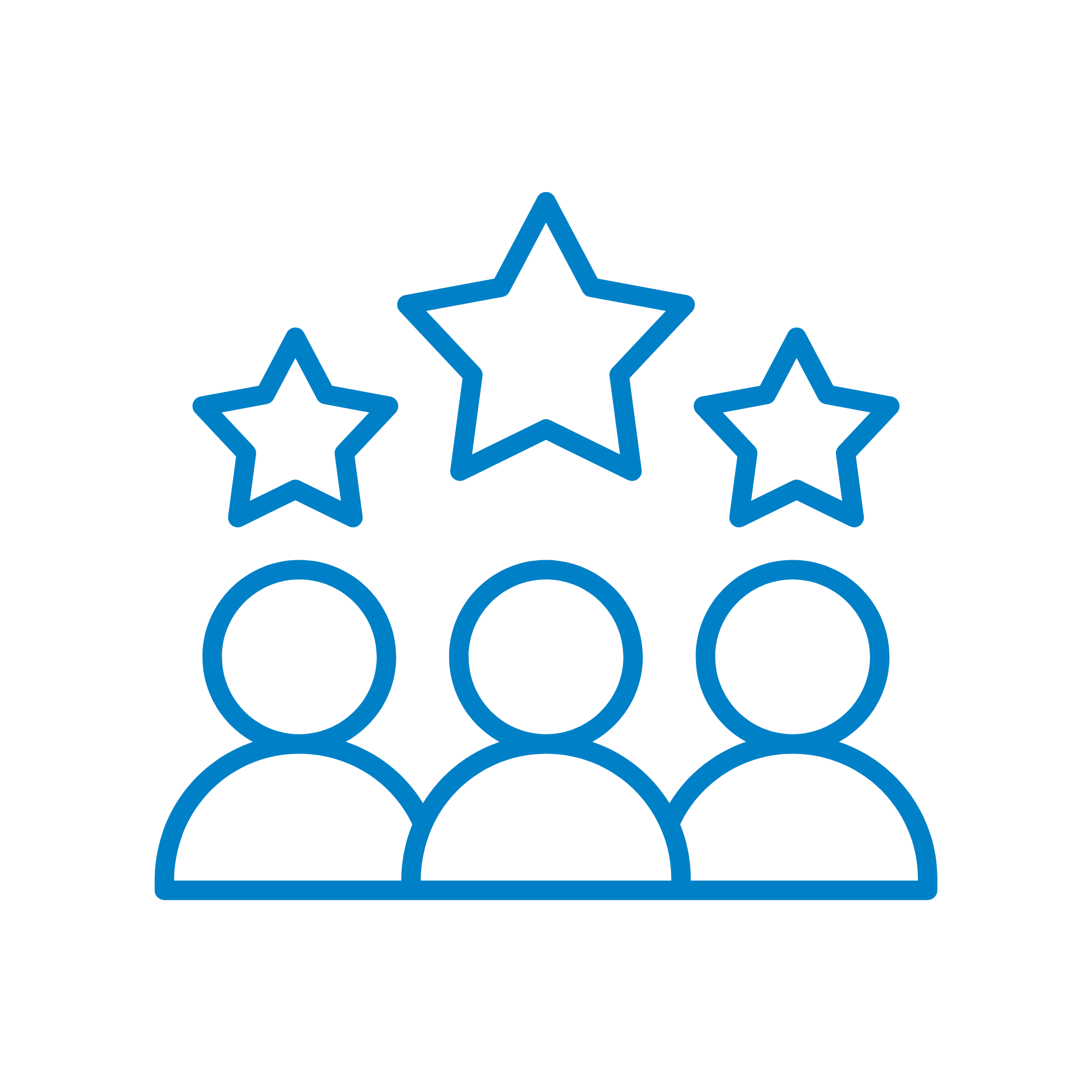 Outline of a group of people beneath a larger hanging star symbol, all in blue.
