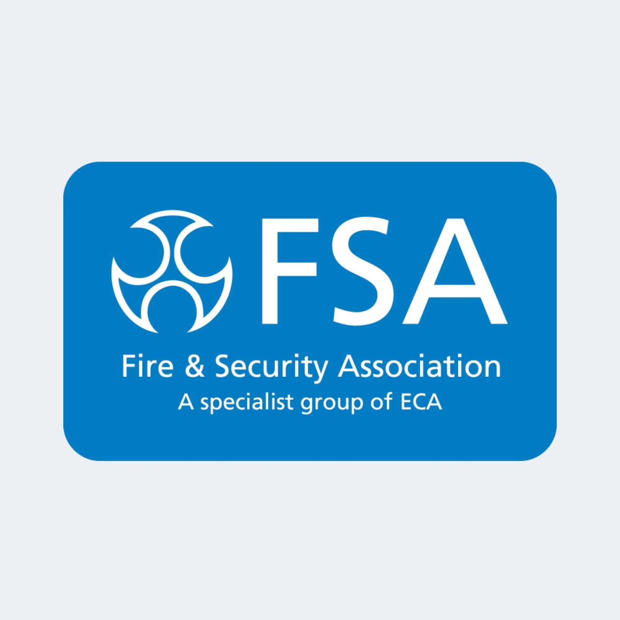 Logo of the Fire & Security Association, featuring a blue background, a white flame, and the organization's name.