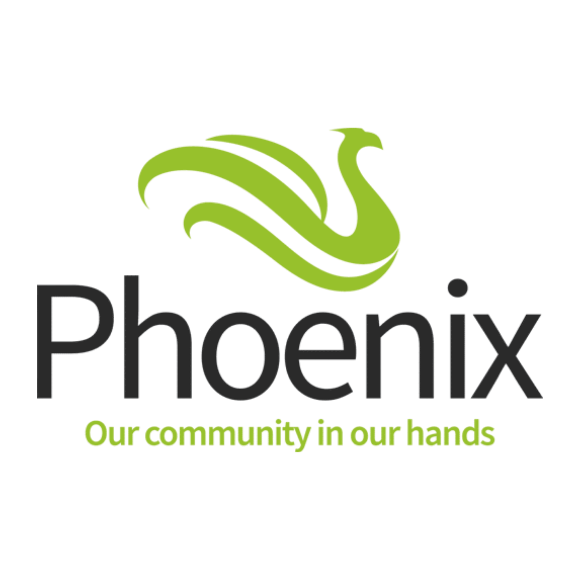 Logo with green stylised bird design above black and green text that reads 'Phoenix' and 'our community in our hands' underneath.