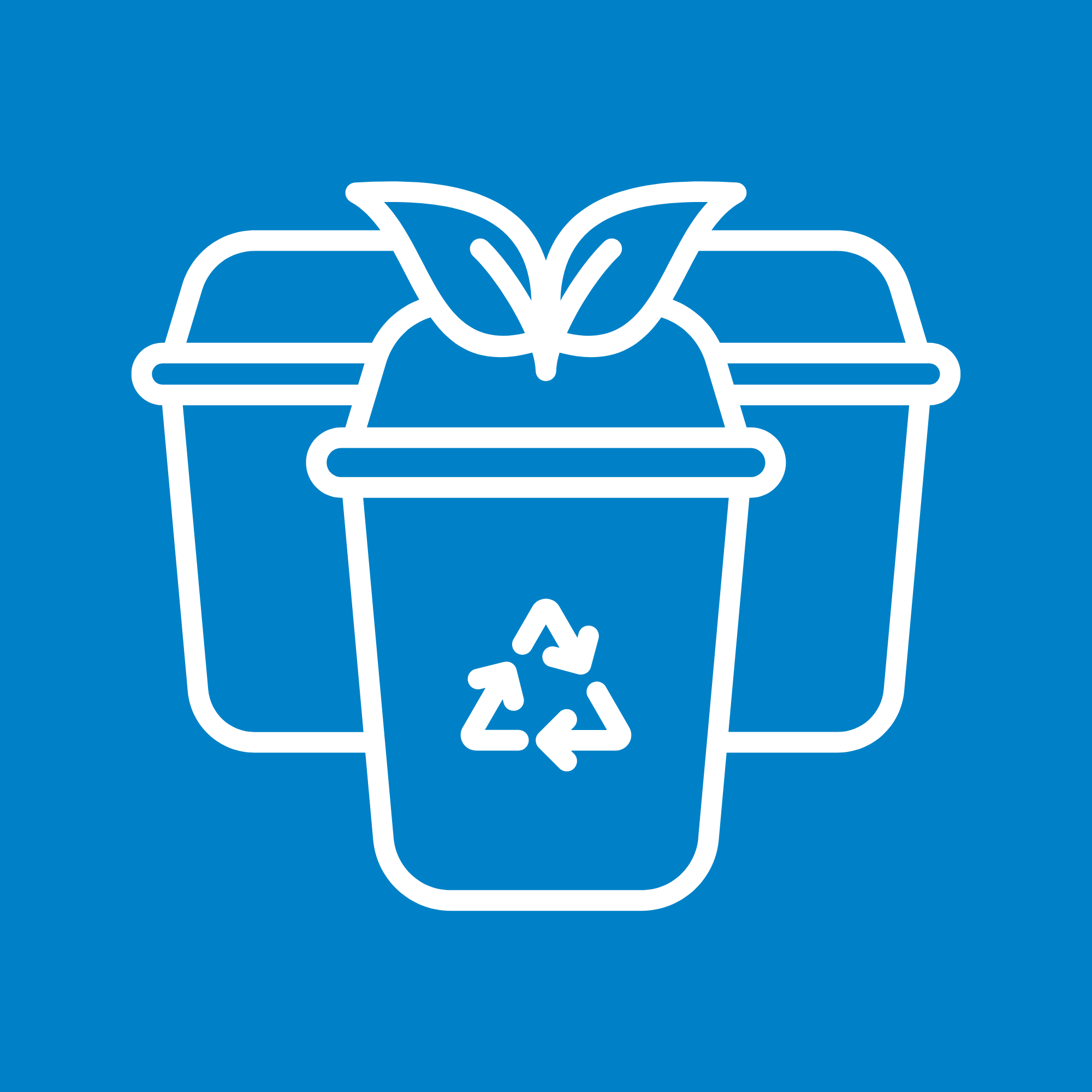 A stylized illustration of a recycling bin with a plant sprouting from it, set against a blue background.
