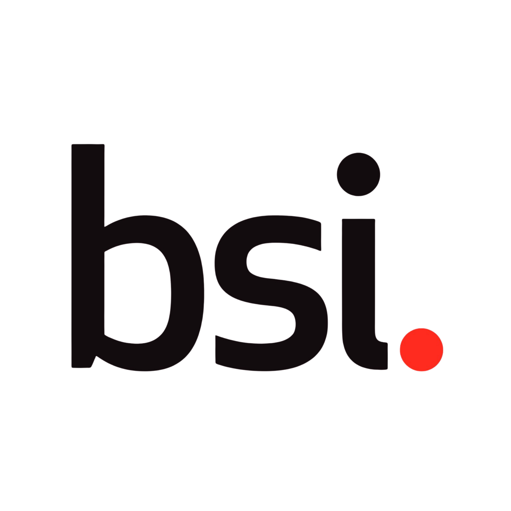 Stylized text logo with the word bsi, with a red dot at the end of the word.
