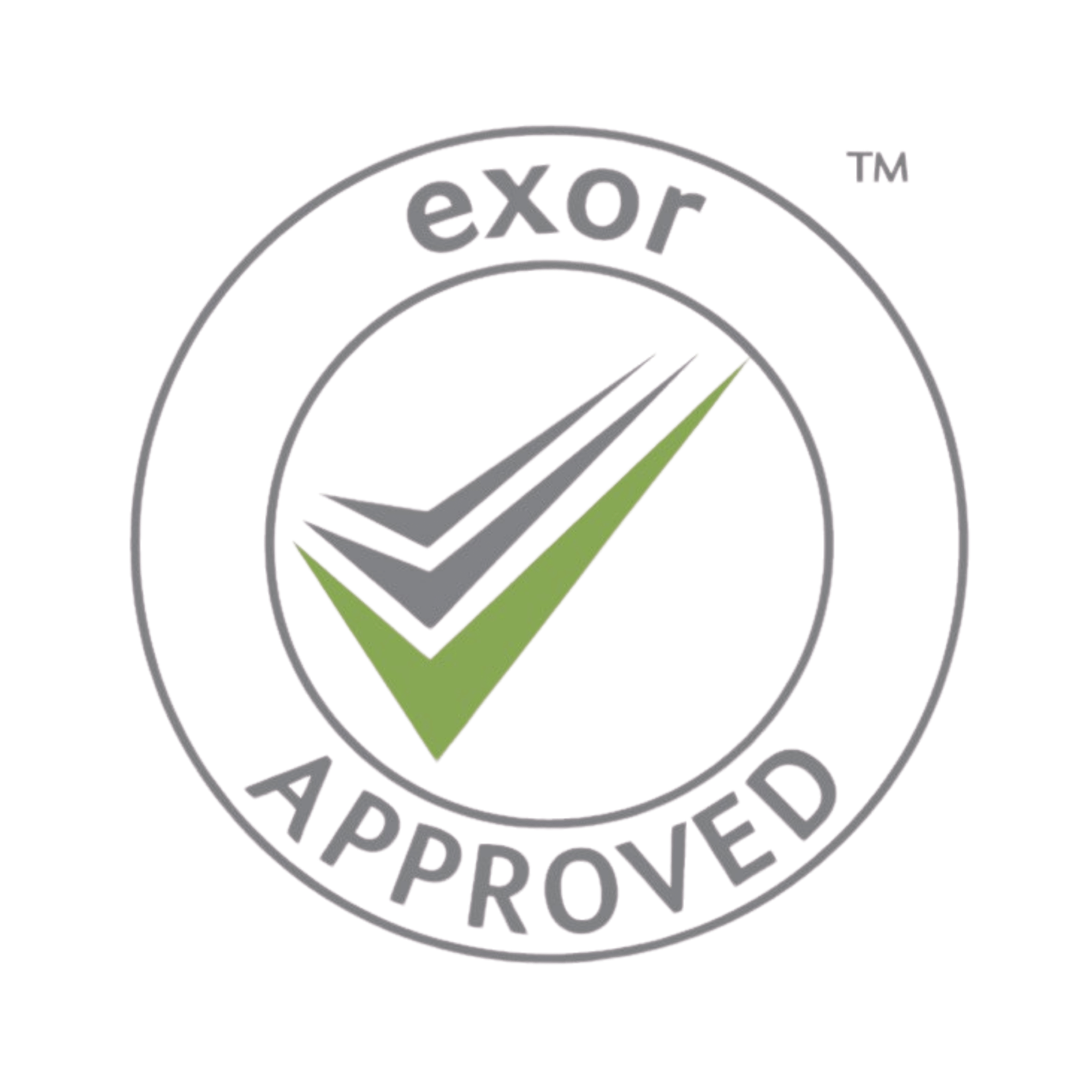 Close-up of a logo with the brand name 'exor approved' and a green check mark logo.