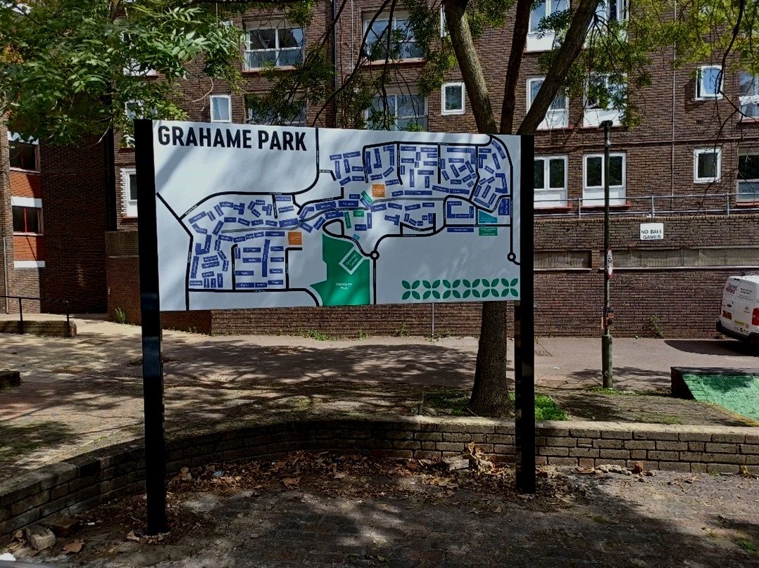 Map of Grahame Park neighborhood with streets and landmarks.