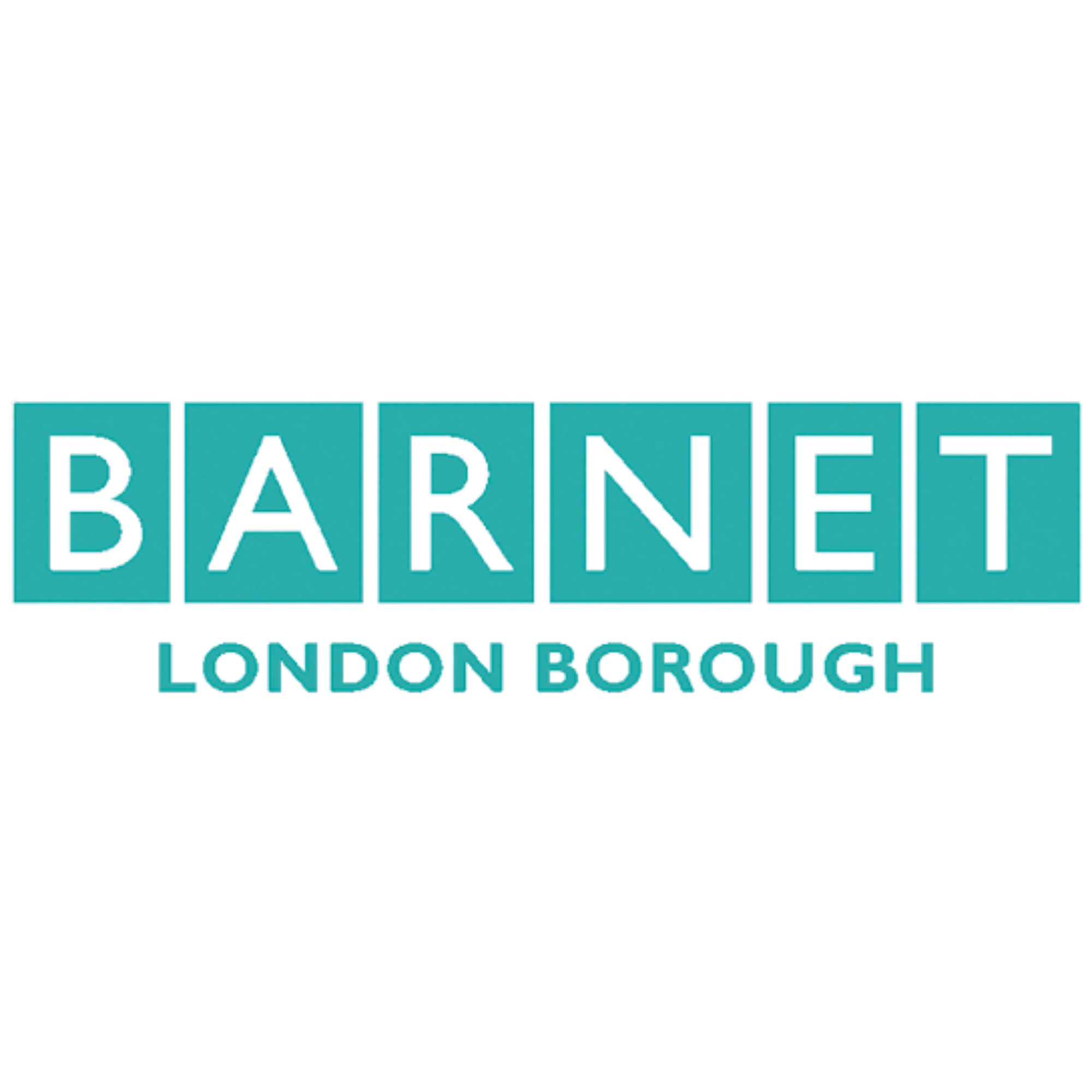 Close-up of a teal-colored sign with the word 'BARNET' in capital letters and the phrase 'LONDON BOROUGH' underneath.