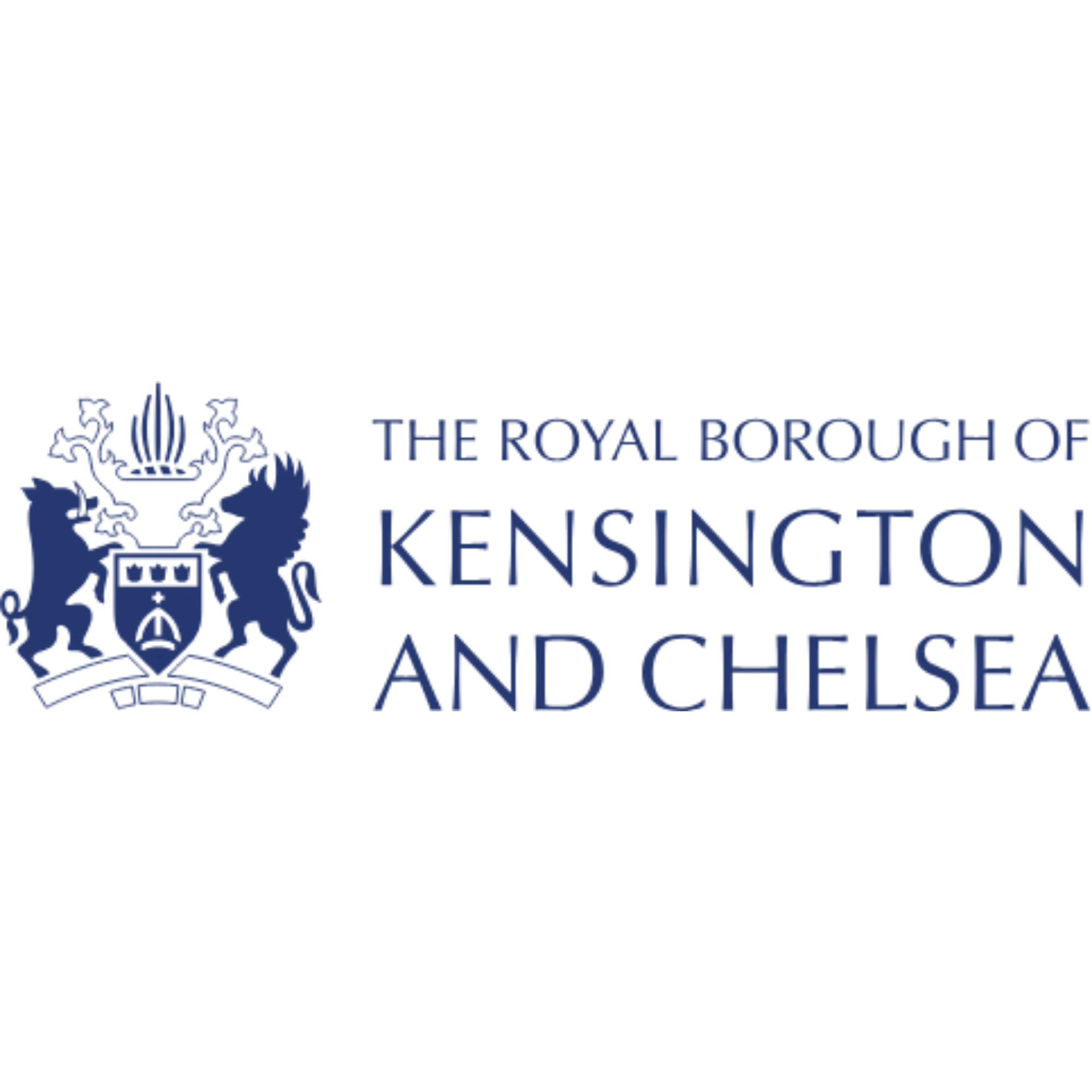 The official logo of the Royal Borough of Kensington and Chelsea, showing a lion and a unicorn crest with a crown, along with the text 'THE ROYAL BOROUGH OF KENSINGTON AND CHELSEA' in blue.