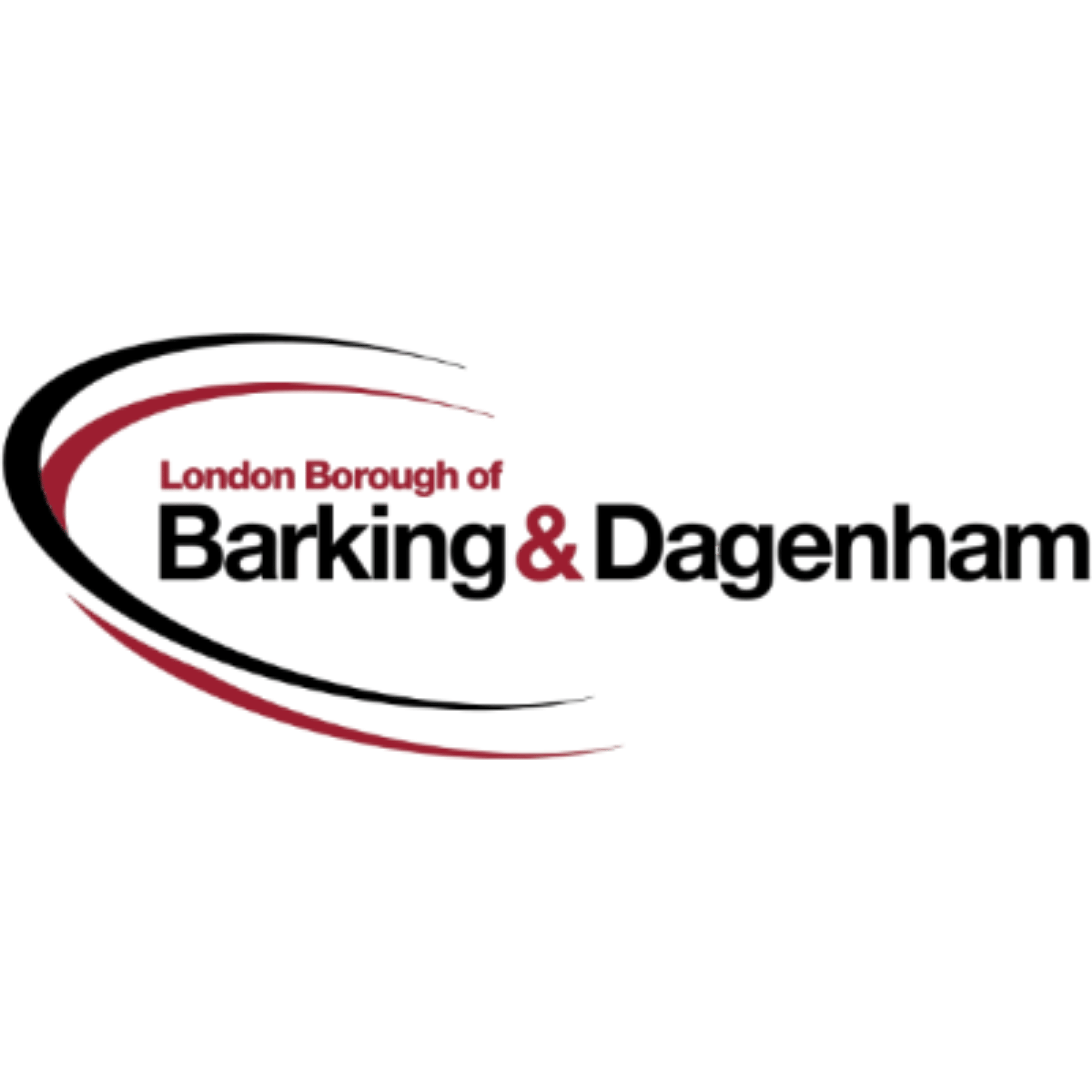 Logo of London Borough of Barking and Dagenham with red and black colours and stylised swoosh design.
