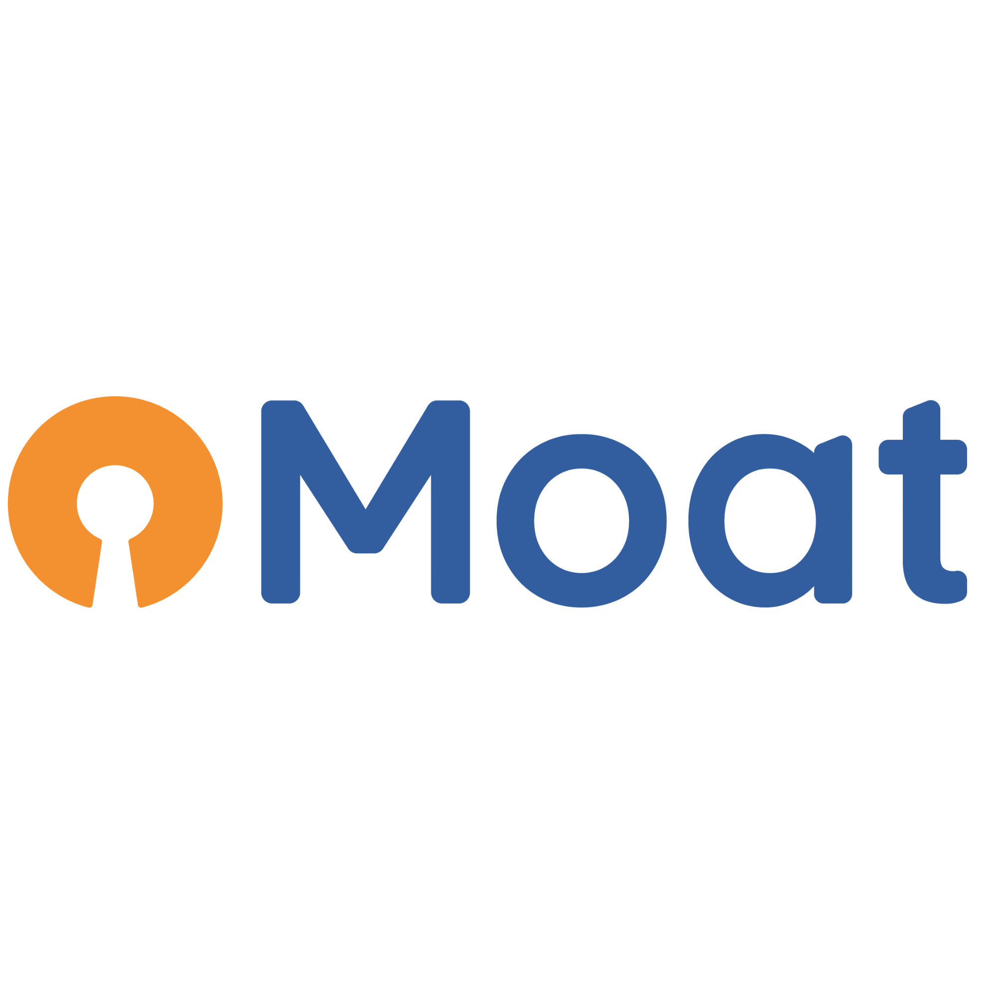 White background with colorful text spelling out "Moat" and a stylised orange circle with a white dot inside, resembling a keyhole.