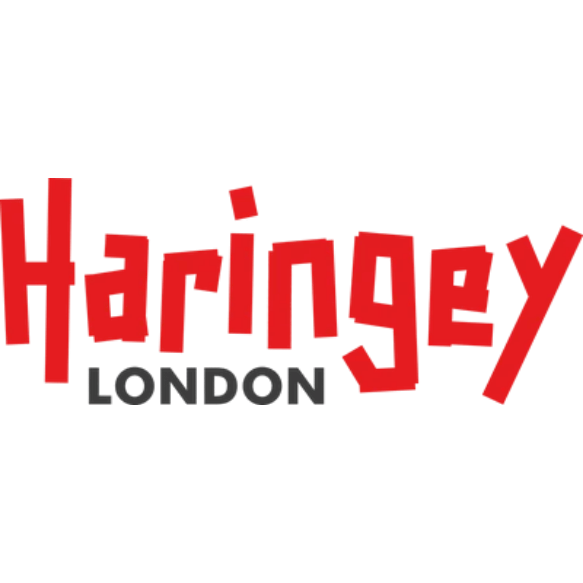 Red text on a white background reads "Haringey London" at the top. Below, in smaller black lowercase letters, it says "London".