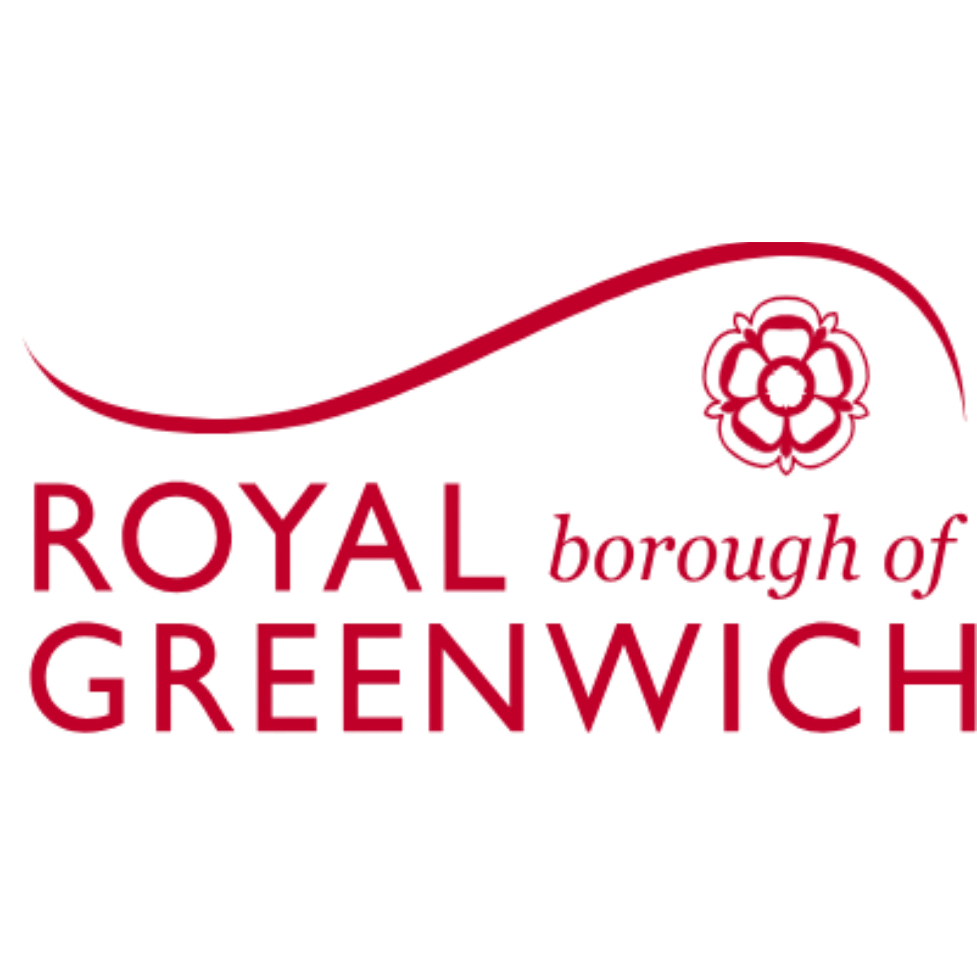 A logo with the text 'ROYAL BOROUGH OF GREENWICH' with A stylised line drawing of a flower with a tulip-like shape, a stem, and a curved line above the text in red.