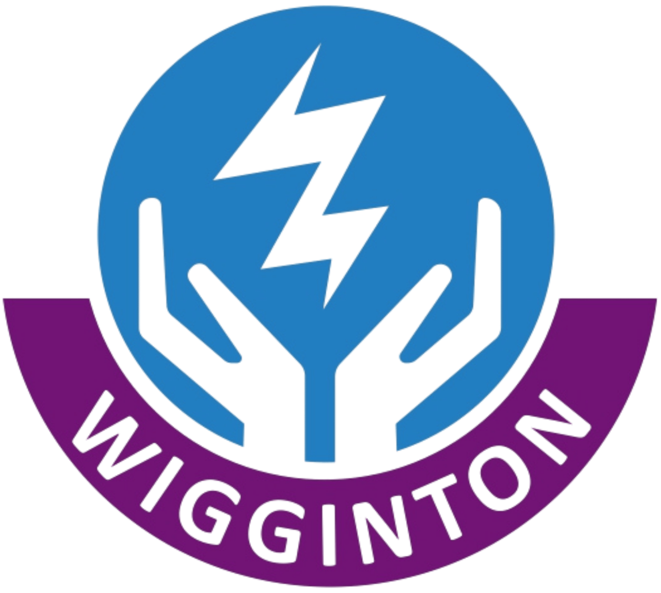 A logo featuring a blue lightning bolt inside a blue hand, encircled by a purple ring with the words "Wigginton" on it.