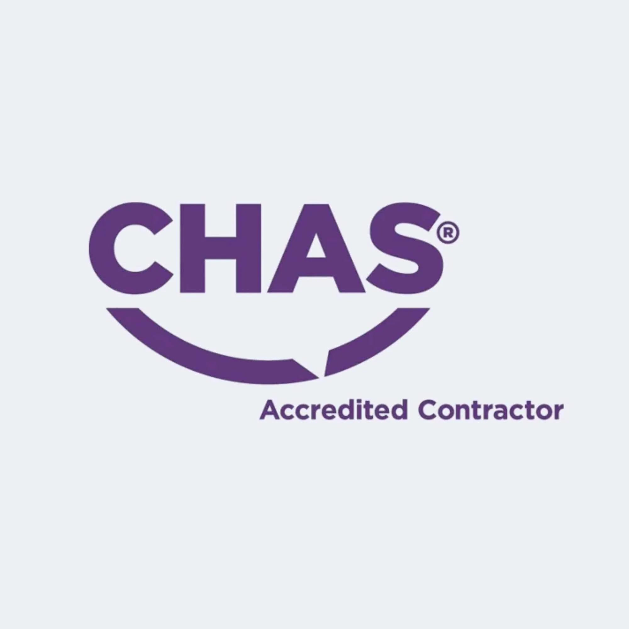 A logo with the text 'CHAS' in purple, surrounded by a purple circle, with additional words 'Accredited Contractor' below.