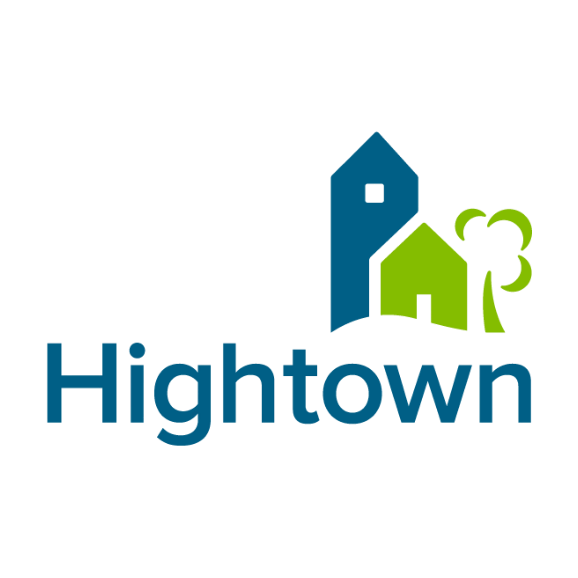 A logo with Colourful text design reading 'Hightown' with a stylised icon.