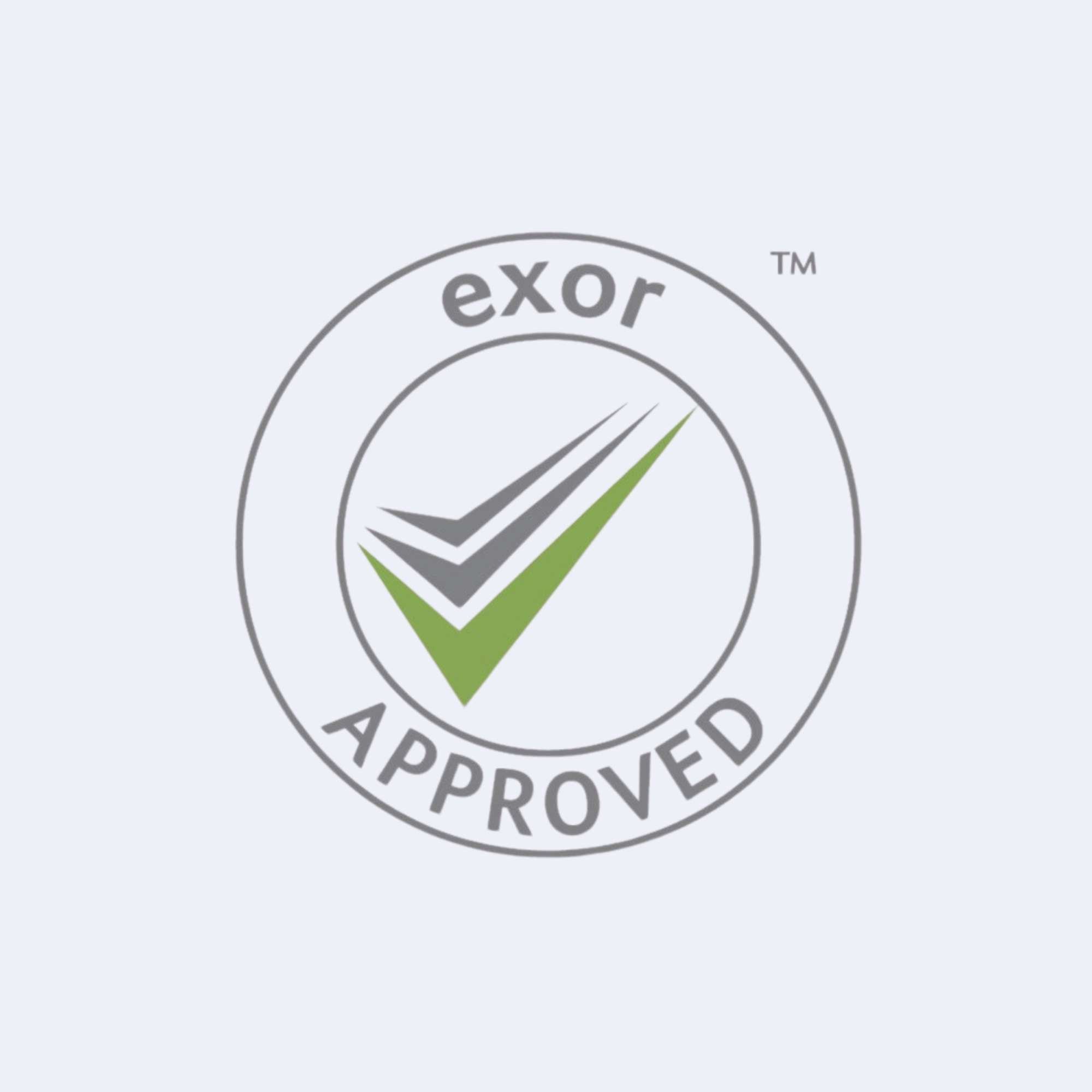 Close-up of a a logo featuring a green check mark, and the words 'exor approved'