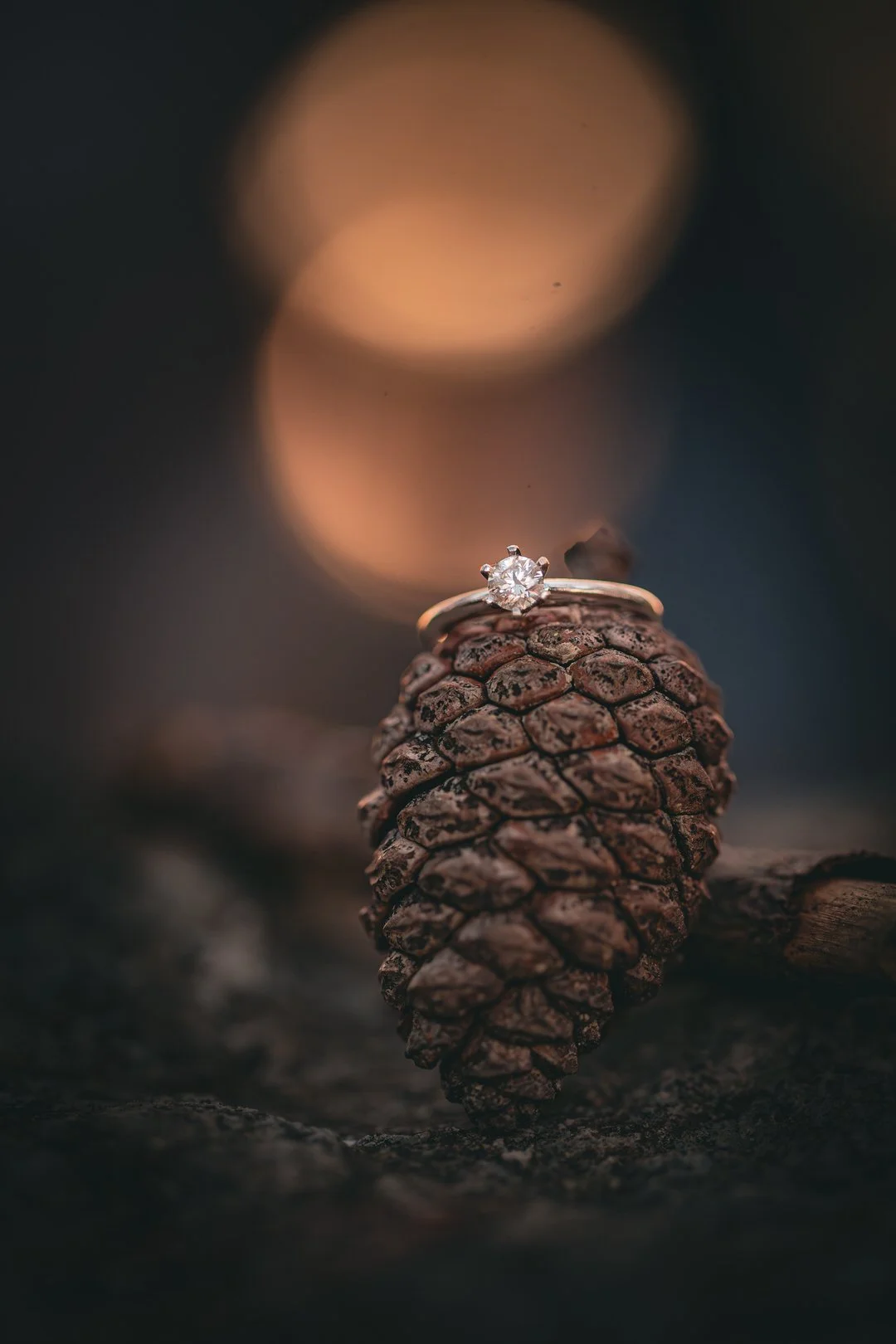 An engagement diamond ring resting on a pinecone with blurred warm lights in the background 