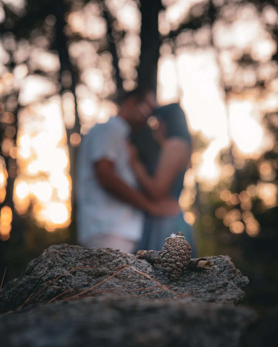 A pine cone with engagement rings resting on top, in focus in the foreground, with a blurred couple in love embracing in the background during sunset.