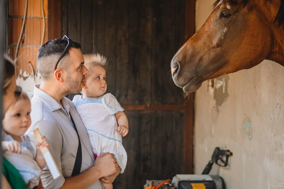 Man holding a young girl with blonde hair and blue eyes, and a woman with blonde hair, in front of a horse inside a barn.