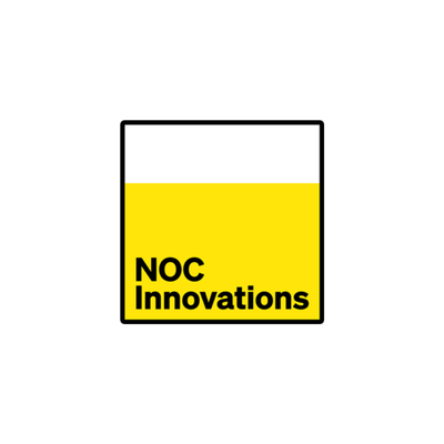 A logo with a black border, divided into a white upper half and a yellow lower half, with the text 'NOC Innovations' in black in the yellow section.