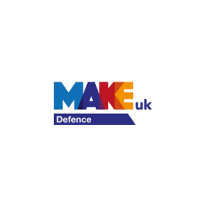 Logo of MAKE UK Defence with stylized text in blue, red, yellow, and white colors.
