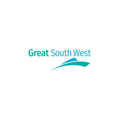 Logo of Great South West with stylized wave design in blue and teal colors.