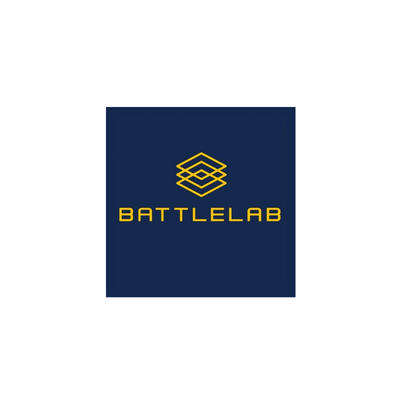 Battlab logo with a dark blue background and yellow geometric design and text.