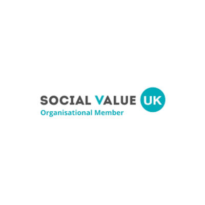 Social Value UK organizational member logo with black and teal text on a white background.
