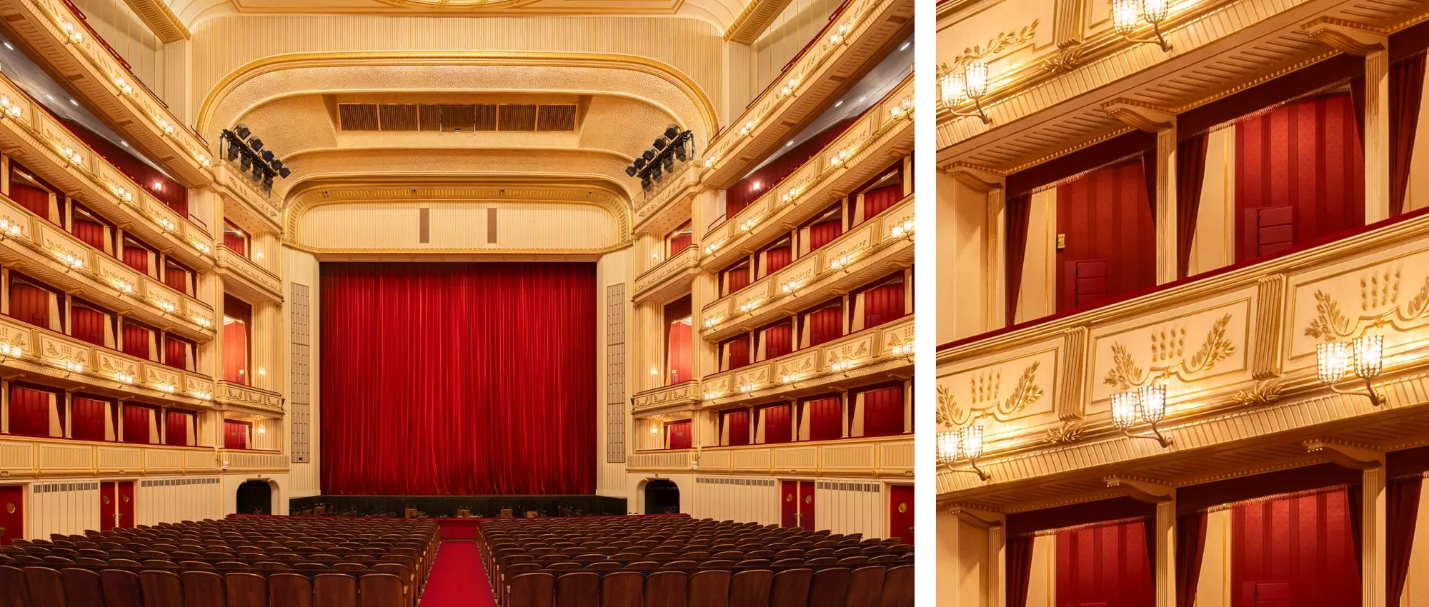 Innenaufnahme eines prunkvollen Theaters mit roten Samtsesseln, einer großen roten Bühne mit Vorhang und mehreren Stockwerken mit Logen und Balkonplätzen, alle mit goldverzierten Balustraden und Wandlampen.