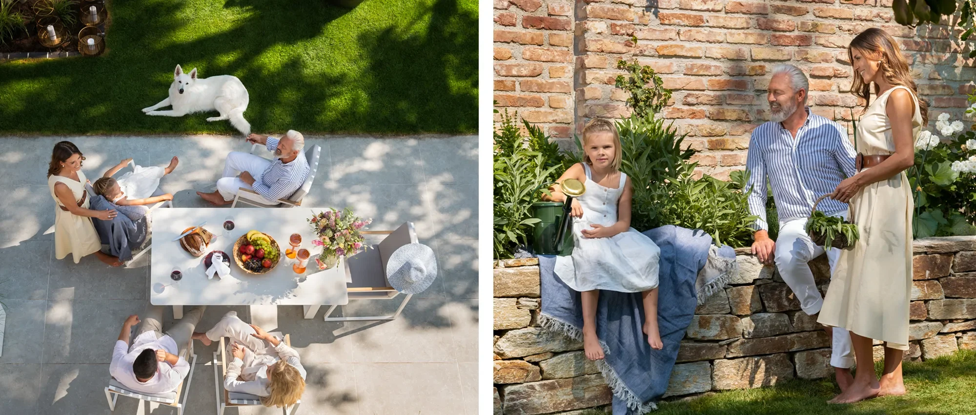 Oberansicht eines Familientreffens im Garten mit Essen, Trinken, einem Hund, einem Baum und einer Backsteinmauer, sowie einer Gruppe von Erwachsenen und einem Kind, das auf einer Steinmauer sitzt, während andere sich unterhalten.