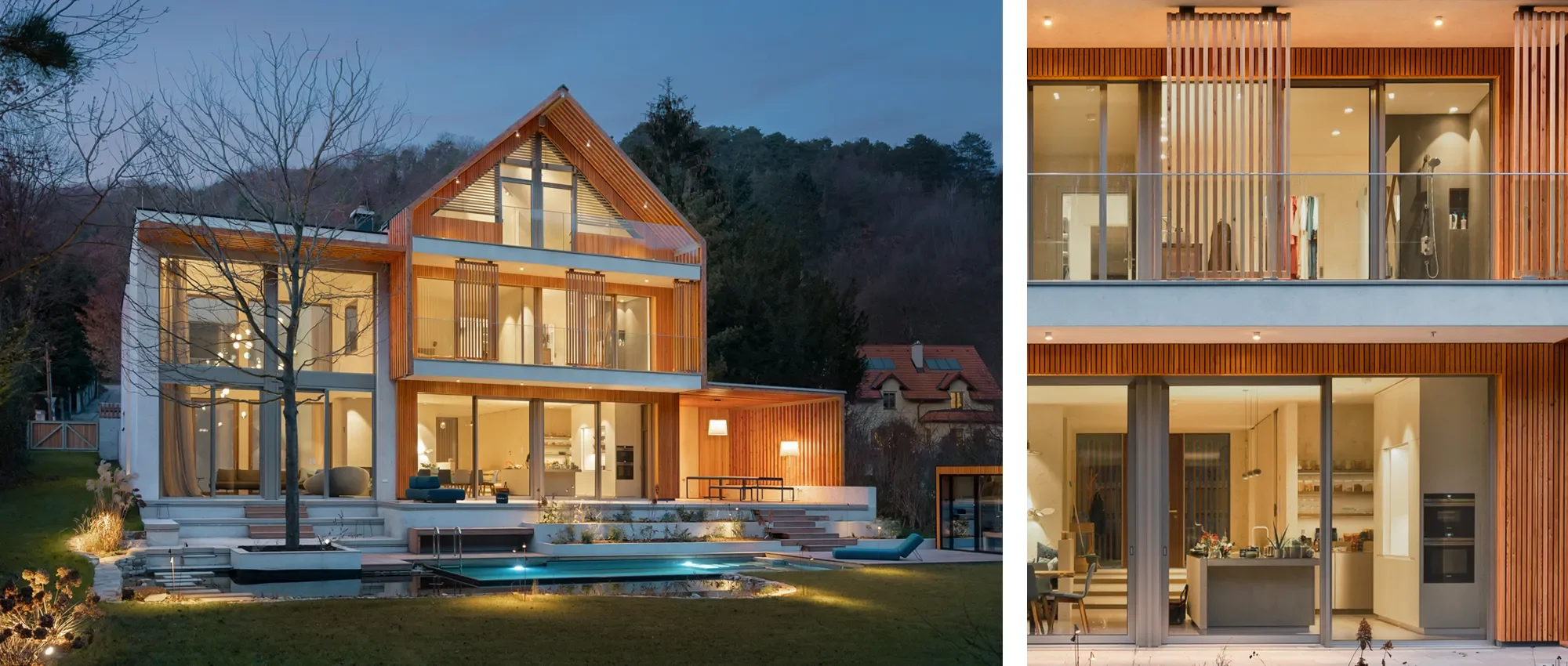 Modernes zweistöckiges Haus mit viel Holz und großen Fenstern, beleuchtet bei Nacht, mit Pool im Garten und Blick auf einen bewaldeten Hügel.