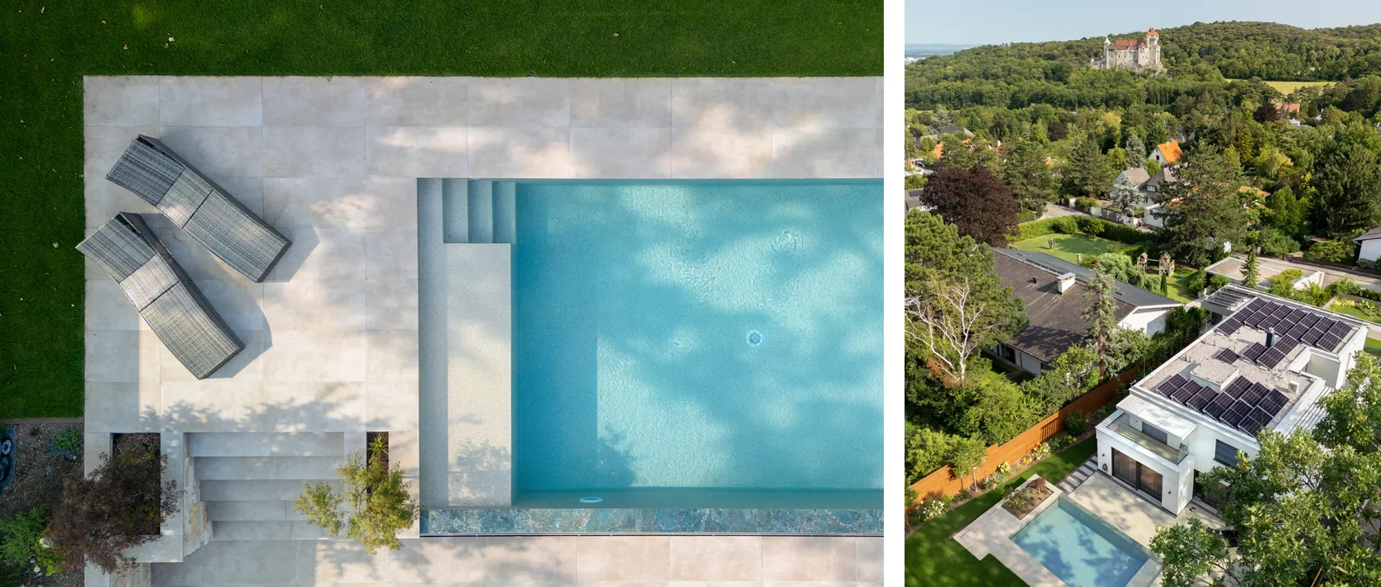 Vogelperspektive auf eine moderne Villa mit Pool im Vordergrund und grünem Garten, umgeben von Bäumen und umliegenden Häusern, mit Schloss auf Hügel im Hintergrund.