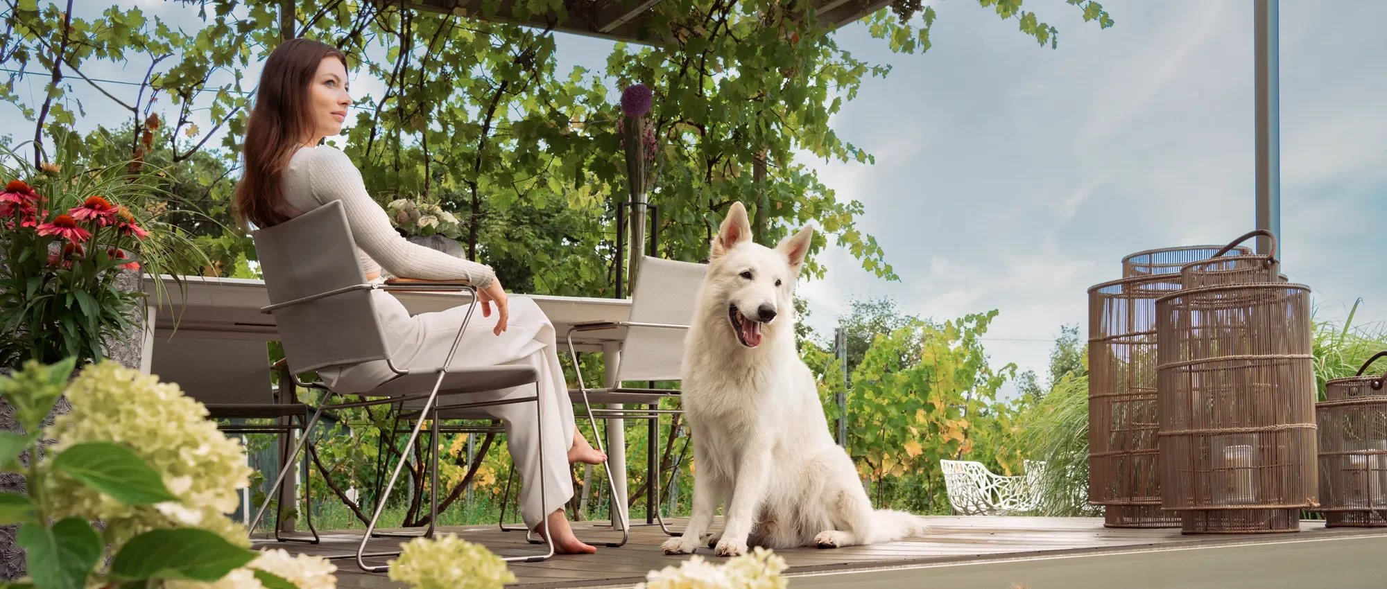 Frau sitzt auf einer Terrasse mit einem weißen Hund, umgeben von Pflanzen und Korbtieren, mit grünen Blättern und einem blauen Himmel im Hintergrund.