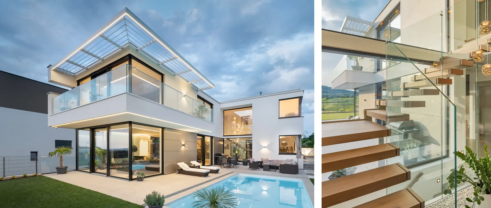 Modernes, zweistöckiges Haus mit Terrasse, Pool und Garten, abends beleuchtet; Innenansicht mit Holztreppe und großen Fenstern, Blick auf ländliche Landschaft