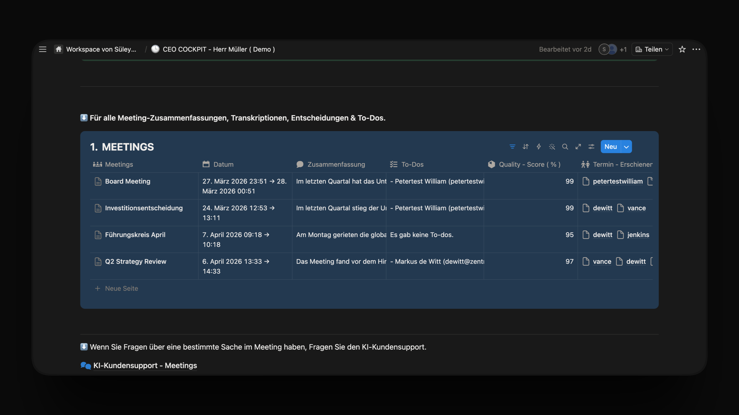 Screenshot of a digital meeting organizer showing a list of meetings with dates, descriptions, quality scores, and participants, with a dark background and blue highlighted header.