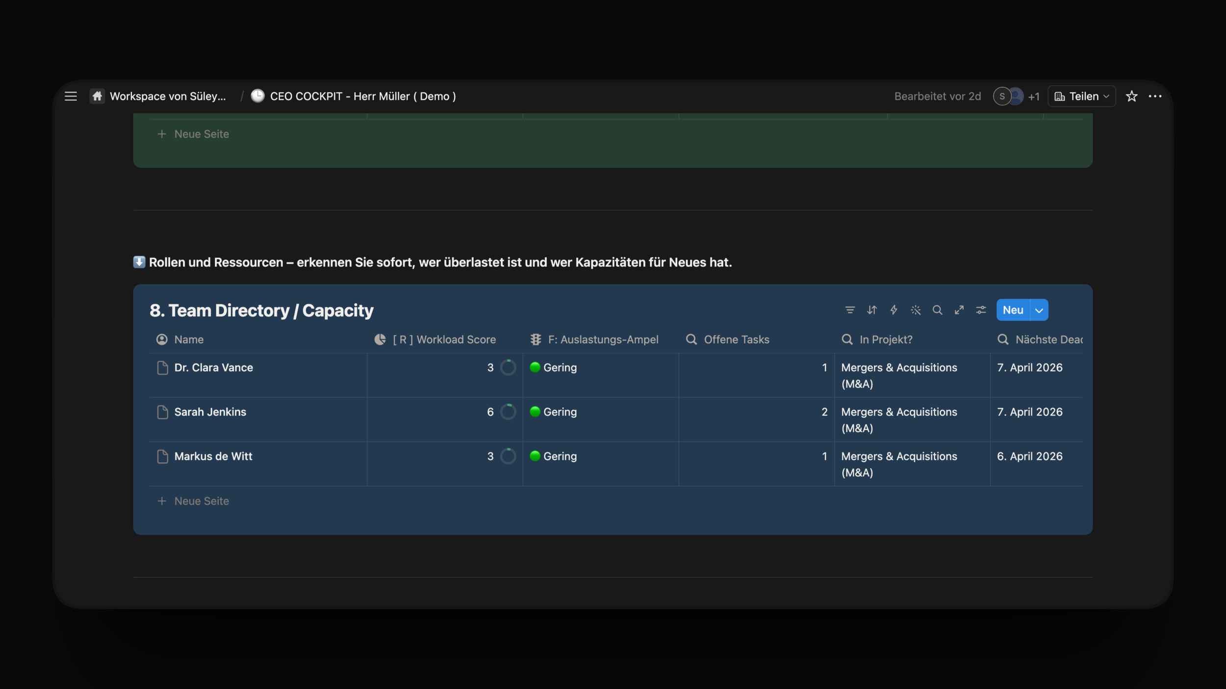 Screenshot of a digital team directory displaying staff names, workload scores, capacity status, assigned projects, and deadlines.